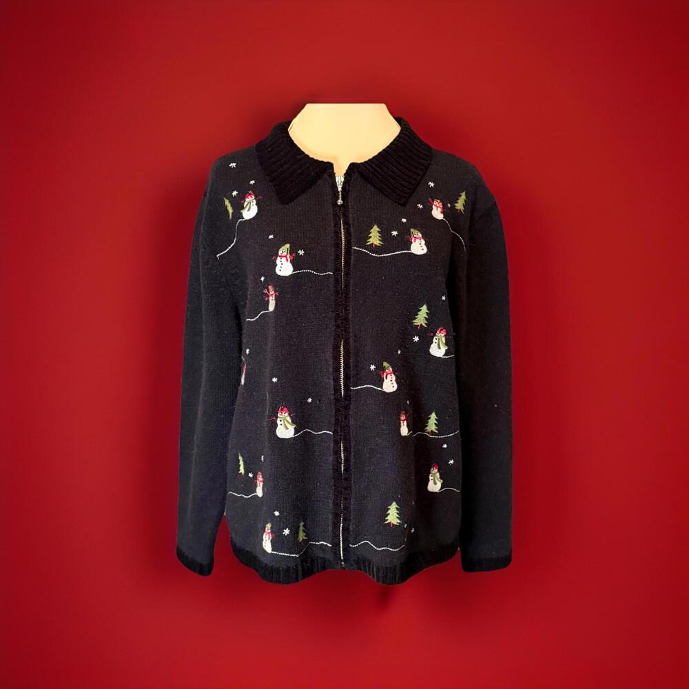 Croft & Barrow Christmas Cardigan. Sweater Size L  Black With White Snowmen